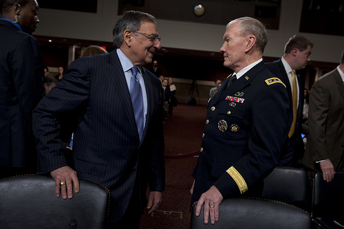 <p>Secretary of Defense Leon E. Panetta, left, and Chairman of the Joint Chiefs of Staff U.S. Army Gen. Martin E. Dempsey talk before testifying at a Feb. 7, 2013, hearing of the Senate Armed Services Committee on the Department of Defense's response to the attack on U.S. facilities in Benghazi, Libya, and the findings of its internal review following the attack. (DoD photo by Mass Communication Specialist 1st Class Chad J. McNeeley, U.S. Navy/Released)</p>