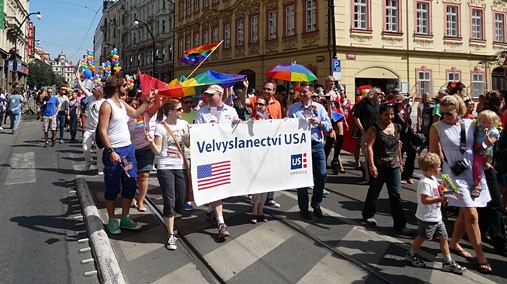 Ambassador Norman L. Eisen and a group from the U.S. Embassy in Prague, Czech Republic march in the second annual Pride Parade in Prague on Saturday, August 18th. [State Department photo/ Public Domain]