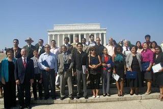 Director Mayorkas with new citizens in front of Lincoln Memorial