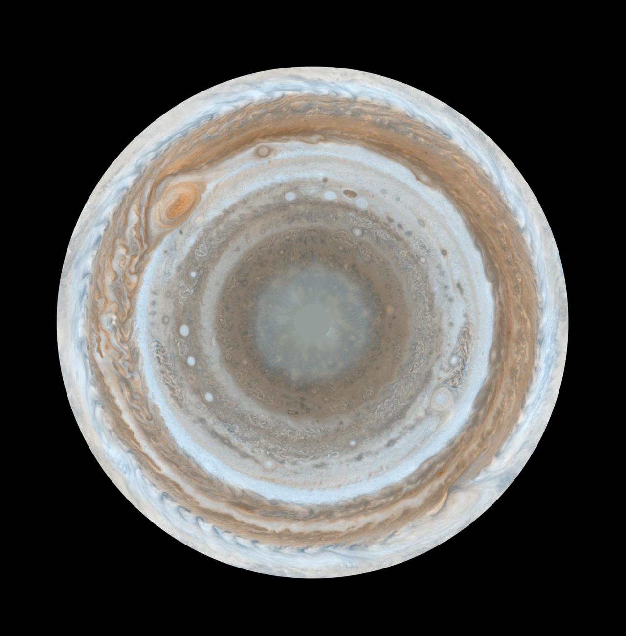 Image description: A map of the planet Jupiter&#8217;s south pole, constructed from 36 images by NASA&#8217;s spacecraft Cassini while on its way to Saturn. The map, the most detailed to date, includes Jupiter&#8217;s Great Red Spot, a massive hurricane-like storm wider than three Earths that has been raging at least as long as the 400 years that humans have been observing the planet. Currently, the Juno spacecraft is on its way to Jupiter to unlock more of the giant&#8217;s secrets.
Learn more from the Juno mission website.