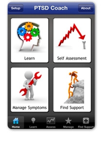 Image of PTSD iPhone app with options for Learn, Self-Assessment, Manage Symptoms, Find Support