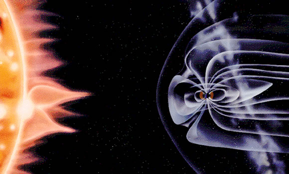 Illustration of solar flare and Earth's magnetosphere