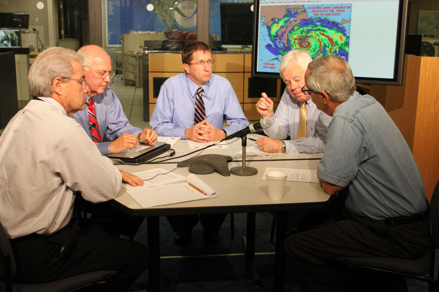 Left to right: Dennis Feltgen, Max Mayfield, Dr. Rick Knabb, Director; Dr. Hugh Willoughby, and Dr. Frank Marks, during the media teleconference.