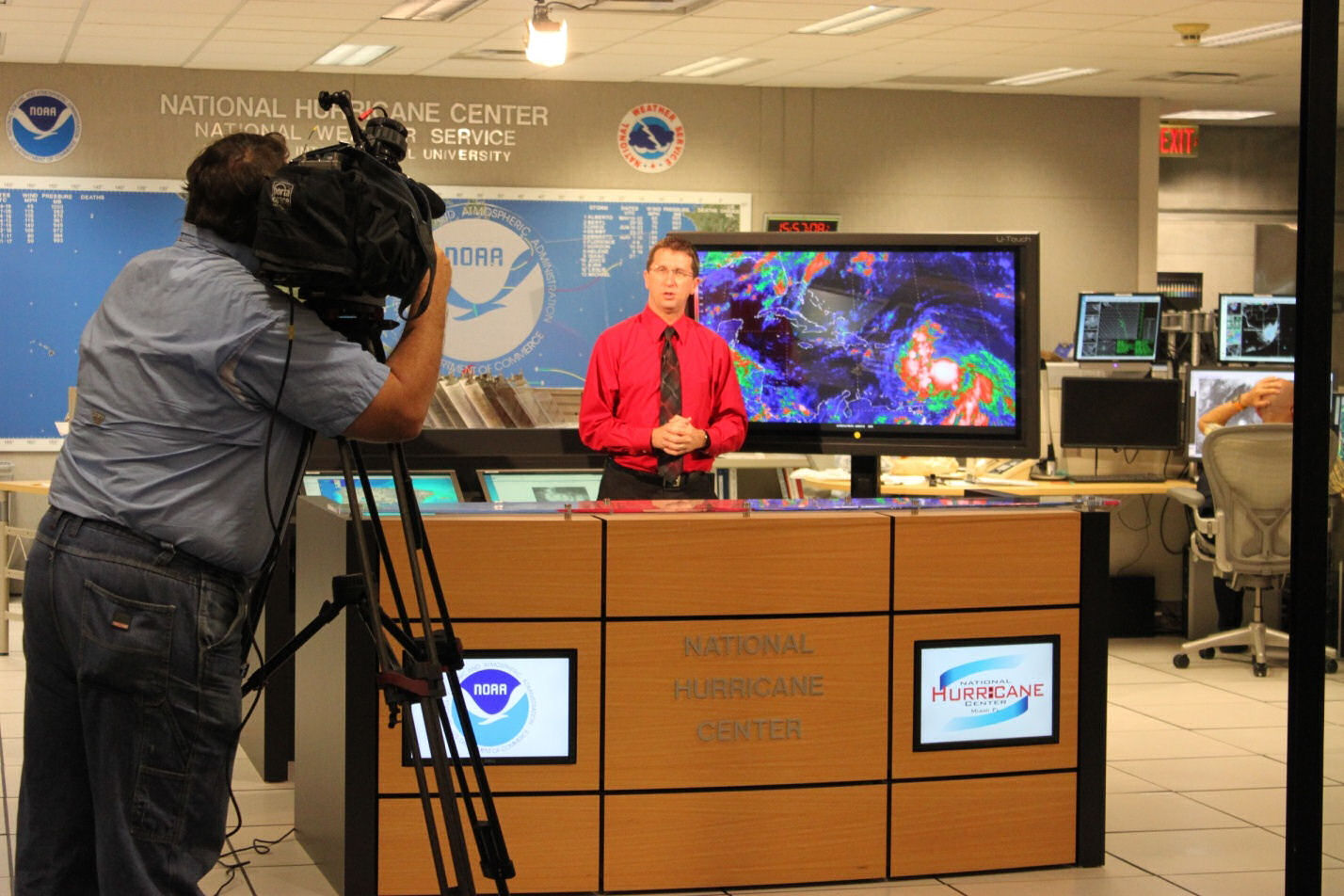 National Hurricane Center Director Dr. Rick Knabb provides a television update on “Isaac” as the storm threatens the Caribbean and the U.S.