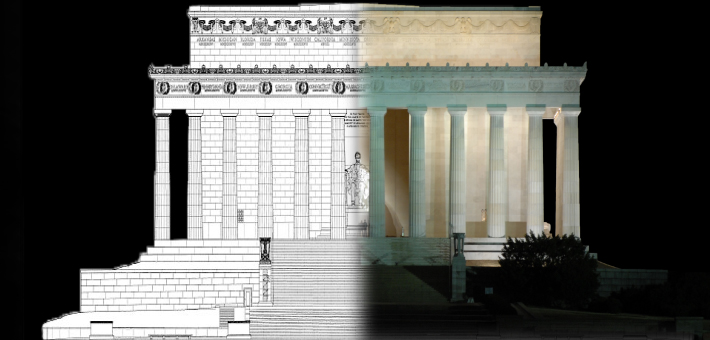 Photo illustration of the Lincoln Memorial, showing a split image: half architectural drawing and half photograph