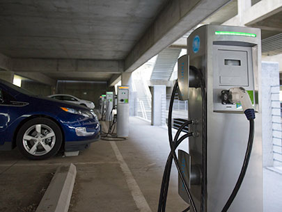 EV charging stations in a parking garage.