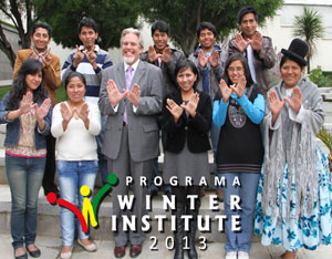 Mitch Ferguson (center) with Winter Institute scholars and alumni at the U.S. Embassy