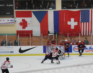 Team USA plays Canada East; Team USA won the game 9 to 1