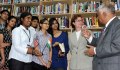 Consul General Jennifer McIntyre and Bharathiya Vidya Bhavan Chairman N. Ramanuja interact with students at the new American Corner in Bangalore on Monday, January 30, 2012. (Photo Credit: Karnataka Photo News)