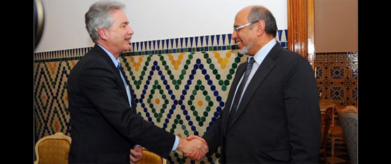 Tunisia's President Moncef Marzouki, right, shakes hands with William Burns, U.S. Deputy Secretary of State, at the Carthage presidential palace, Tunis 12/13/12. ©AP 