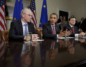 President Barack Obama, Herman Van Rompuy, President of the European Council, left, and José Manuel Barroso, President of the European Commission, right, deliver statements to the media following the EU Summit in the Roosevelt Room of the White House, Nov. 28, 2011. (Official White House Photo by Pete Souza) 