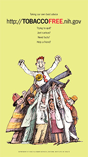 an illustration of a group of people holding up a man wearing a button that reads 'I Quit'.