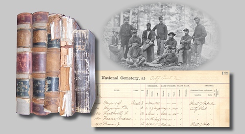 Composite photo of burial ledgers, ledger page and a group of Civil War soldiers