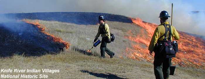 NPS drip-torch fire team at work during a prescribed burn operation at Knife River Indian Villages National Historic Site