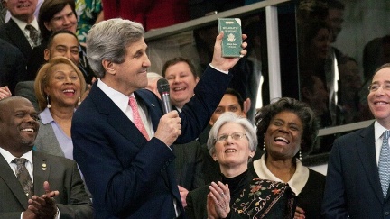 Date: 02/04/2013 Description: Secretary of State John Kerry displays his first diplomatic passport, while delivering welcome remarks to U.S. Department of State employees in Washington, D.C., February 4, 2013.  - State Dept Image