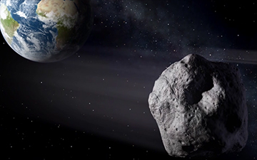 Artist concept of asteroid passing Earth.