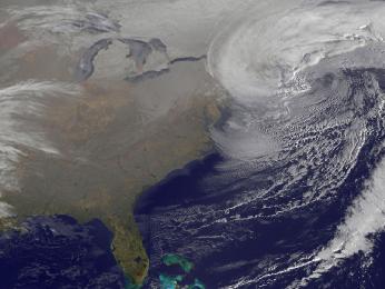 This image was taken from NOAA's GOES-13 satellite on Saturday, Feb. 9 at 7:01 a.m. EST. Two low pressure systems came together and formed a giant nor'easter centered right over New England creating blizzards from Massachusetts to New York. the image was created by NASA's GOES Project at NASA Goddar