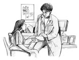Ilustración de una paciente mujer y una doctora en el consultorio médico.