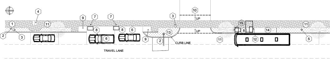 CAD drawing showing pedestrian features that can be accommodated on a wide sidewalk (8-9 feet)