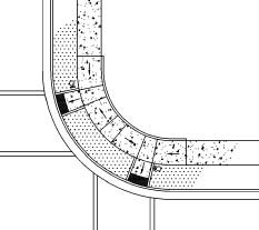 CAD drawing of paired combination curb ramps on radius on sidewalk with continuous parkway on 30-foot radius corner; APS locations indicated.