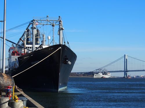 KENNEDY at Pier with WRIGHT under Verrazano Narrows Bridge