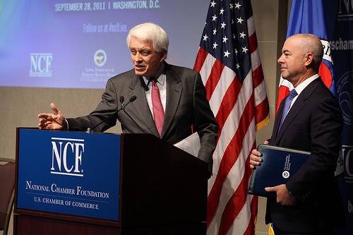 Director Mayorkas (right) prepares to speak before the U.S. Chamber of Commerce (Photo: David Bohrer /© U.S. Chamber of Commerce)