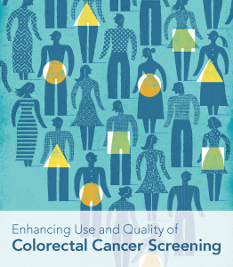 This illustration depicts men and women interacting with each other about their experiences and plans with regard to colorectal cancer screening. The squares, circles, and triangles on some of the figures indicate the variety of screening options available. No permission is required to use the image. Please credit 'Timothy Cook/NIH Medical Arts.'