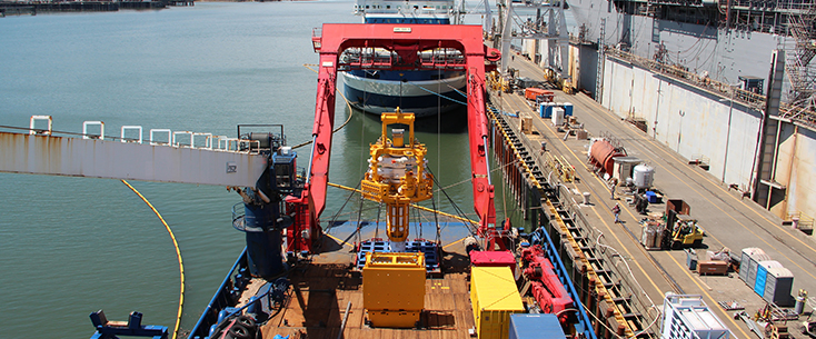 Loading up a 600-ton capping stack to test deepwater oil spill containment technologies.