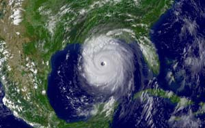 NOAA satellite image of Hurricane Katrina taken Aug. 28, 2005, as the storm’s outer bands lashed the Gulf Coast of the United States a day before making landfall and leaving a path of destruction in its wake