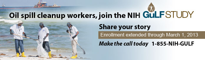 Workers on the beach cleaning up after gulf spill: JOIN GULF STUDY: 1-855-NIH-GULF 