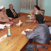 The American Center Director Lauren Lovelace meets with the Vice Chancellor and other faculty members of the American Corner host university, Sylhet International University (U.S. Embassy Dhaka photo)