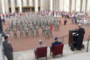 Standing on the steps of Florida's Historic Capitol building, Florida Gov. Charlie Crist (right) addresses Soldiers from the Florida National Guard's 779th Engineer Battalion during a departure ceremony in the courtyard of the Capitol in Tallahassee, May 26, 2009. The Soldiers were preparing for a deployment to Iraq. Photo by Tech. Sgt. Thomas Kielbasa