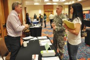 Mark Huston (left) a personal financial consultant from the Military and Family Life Consultant Program speaks to attendees during the Florida National Guard's Yellow Ribbon event in Orlando, Jan. 12, 2013. Since 2008 the Florida National Guard has held more than 65 pre-deployment, mid-deployment and reintegration events across the state for deployed Army and Air units. Photo by Master Sgt. Thomas Kielbasa