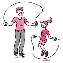 Illustration of a dad and daughter jumping rope. 