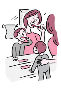 Illustration of a mother and toddler brushing their teeth in front of a mirror.