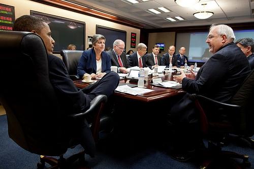 Washington, D.C., May 30, 2012 -- President Barack Obama participates in the annual hurricane preparedness briefing in the Situation Room of the White House, May 30, 2012. Seated clockwise from the President are: Homeland Security Secretary Janet Napolitano; John Brennan, Assistant to the President for Homeland Security and Counterterrorism; Daniel Poneman, Department of Energy Deputy Secretary; Eric Silagy, FP&L President; Bryan Koon, Florida Director of Emergency Management; Major General Emmett Titshaw, Florida Adjutant General; Chief of Staff Jack Lew; and Craig Fugate, Administrator of the Federal Emergency Management Agency. (Official White House Photo by Pete Souza)