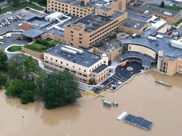 Binghamton, Ny., September 8, 2011 -- A floodwall, built with hazard mitigation funds from the Federal Emergency Management Agency and New York State protected this vital property from flood waters that devastated other parts of the city, even as rising water from the Susquehanna River engulfed the hospital’s parking lot during Tropical Storm Lee.