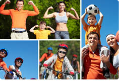 Collage of happy family going in for sports