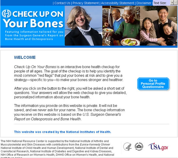 Screen capture of the homepage for Check Up on Your Bones.