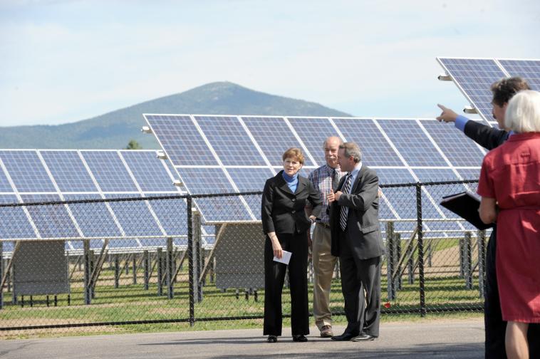 Senator Jeanne Shaheen visited the North Conway Water Precinct on August 12, 2010, where she called for continued investments in energy efficiency programs so that the nation can reduce its dependence on foreign oil and consumers can save on energy costs. The North Conway Water Precinct recently installed a photovoltaic solar array and geothermal heating system, which were both funded through the American Recovery and Reinvestment Act.  The Conway Daily Sun/Jamie Gemmiti photo