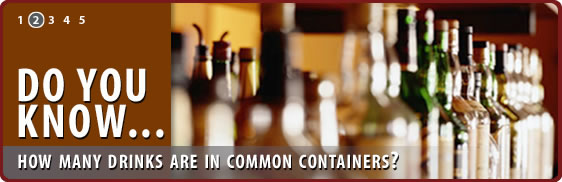 Banner showing liquor bottles lined up in a row with the text - Do you know... how many drinks are in common containers?