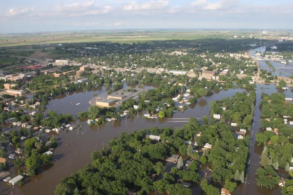 Minot, ND, June 24, 2011 -- Aerial view showing the severe flooding in Minot. The city of Minot, N.D. experienced the worst flooding in over 130 years in June 2011. FEMA is working to provide assistance to those that were affected by the flooding.