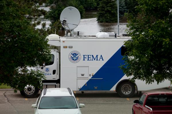FEMA Mobile Emergency Response Support (MERS) vehicle parked near the emergency operations center in South Minot