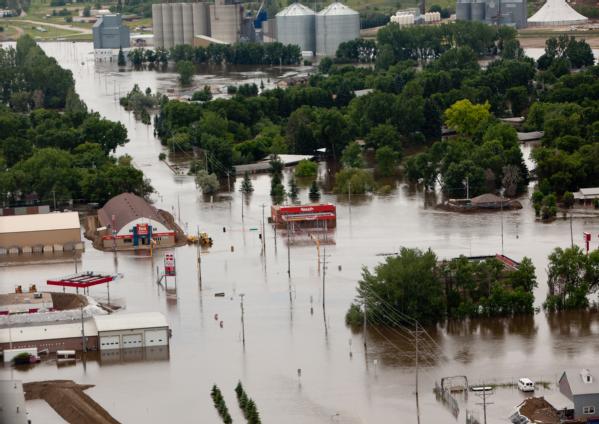 Aerial view of Burlington, North Dakota inundated with flood waters from the Souris River. 
