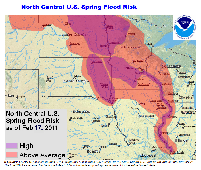 North Central U.S. Spring Flood Risk Map as of Feb. 17, 2011, courtesy of NOAA.
