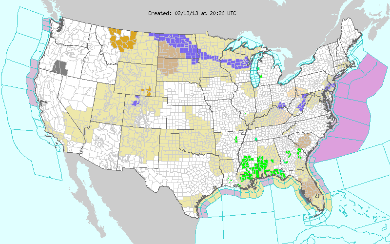 Map of severe weather watches and warnings across the United States from national weather service