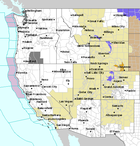 Image of the National Weather Service current severe weather warnings for the western United States.