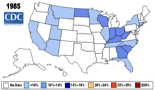 Map showing Percent of Obese (BMI > 30) in U.S. Adults in 1985