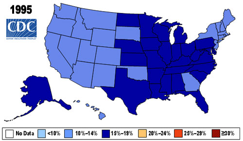 Map showing Percent of Obese (BMI > 30) in U.S. Adults in 1995 by state