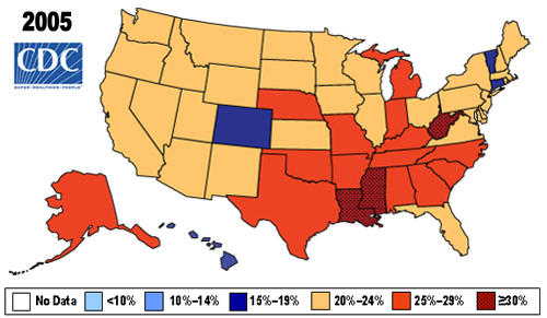 Map showing Percent of Obese (BMI > 30) in U.S. Adults in 2005 by state